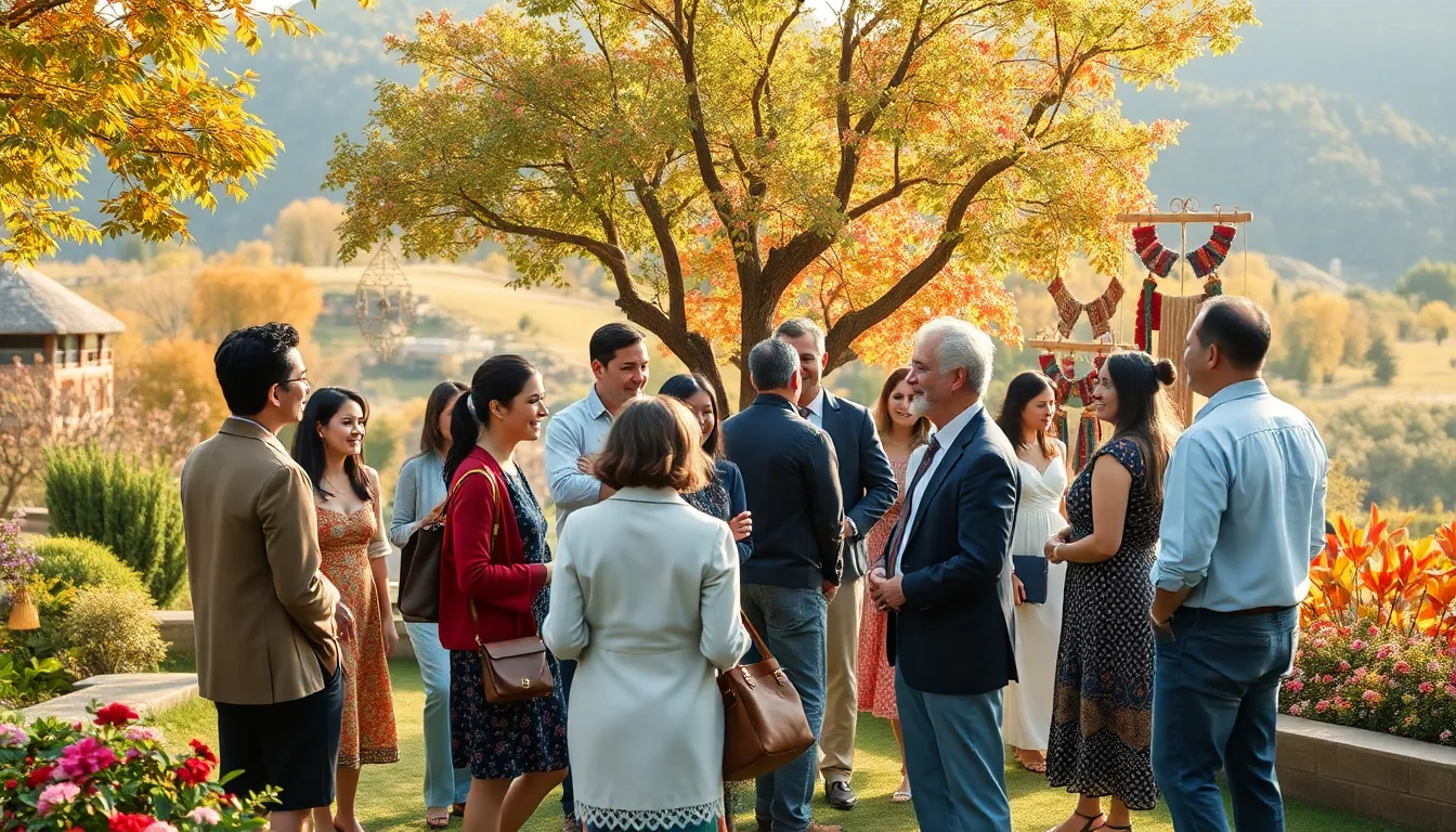 diverse group engaging in conversations surrounded by nature and culture.